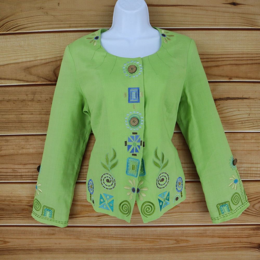 Carson Blazer Jacket Lined Womens M Green Embroidered Green LINEN Lightweight